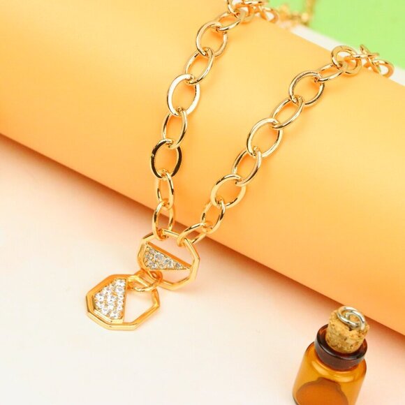 "Rose Gold Chunky Chain Necklace with Crystal Geometric Charms, XPNL1889 - Picture 12 of 12